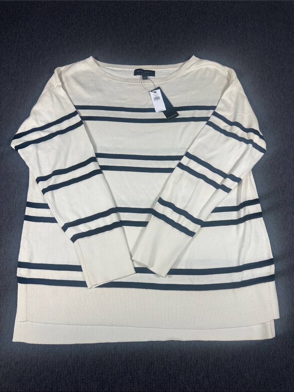 Banana Republic Sweater Lightweight Cream Black Stripe Large Cotton Viscose NWT